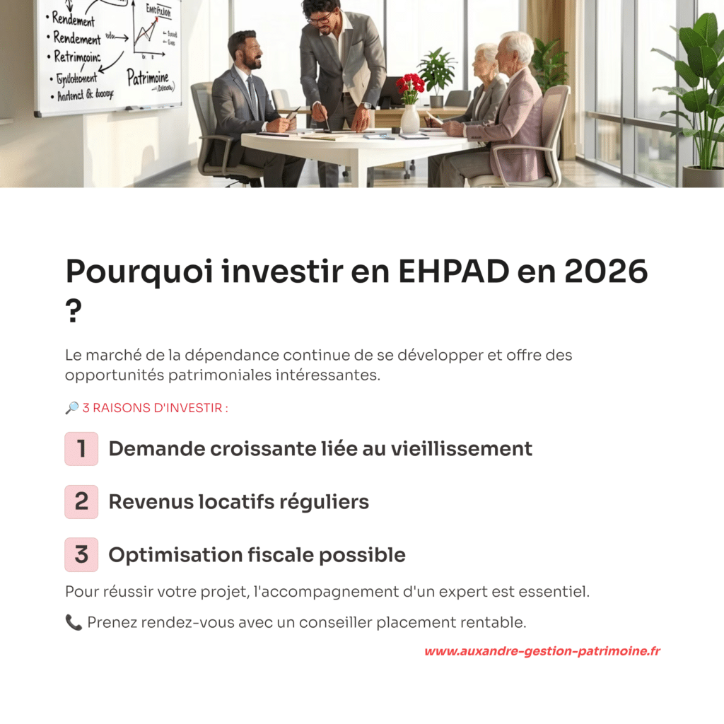 Conseiller en gestion de patrimoine expliquant l’investissement en chambre EHPAD à un couple d’investisseurs